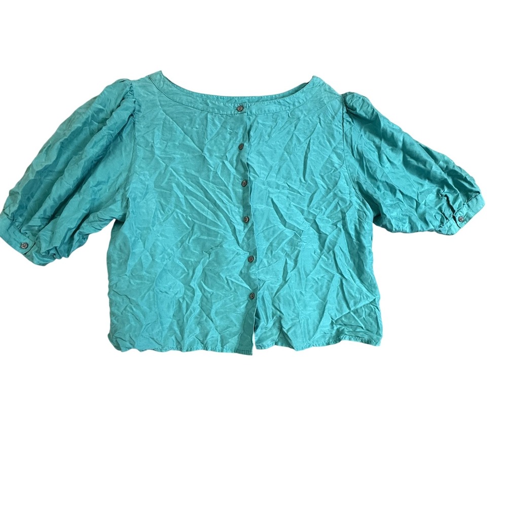 Viewpoint By Brooks Blouse Womens Large Teal 100% Silk Puff Sleeve Button Back